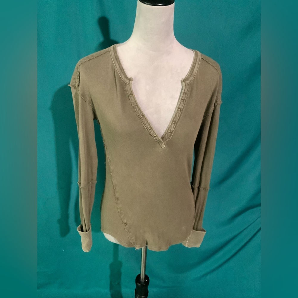 We The Free Olive Military Henley V-Neck Long-Sleeve Tee